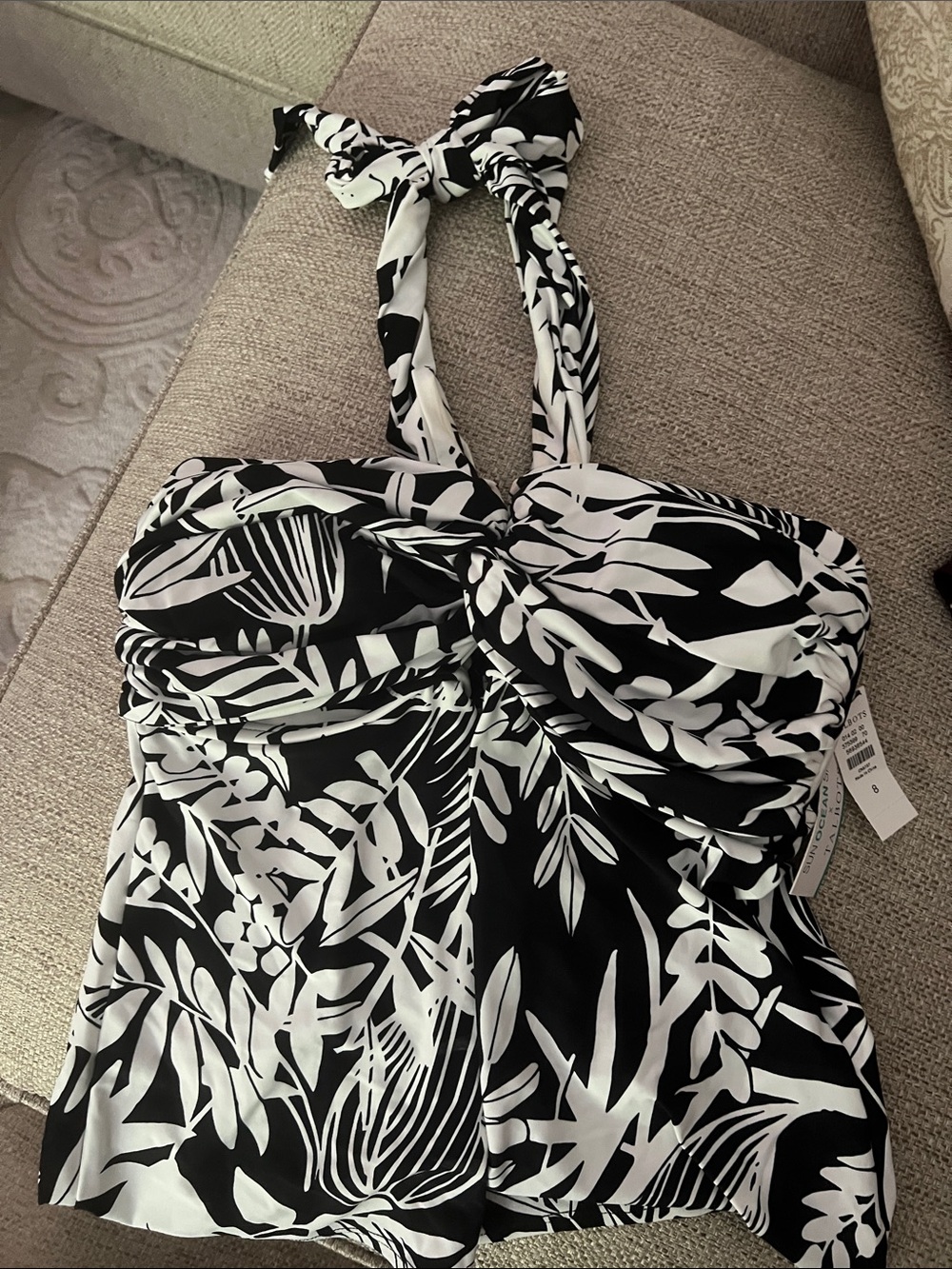 Talbots Black and White Ruched Halter Tankini Top NWT